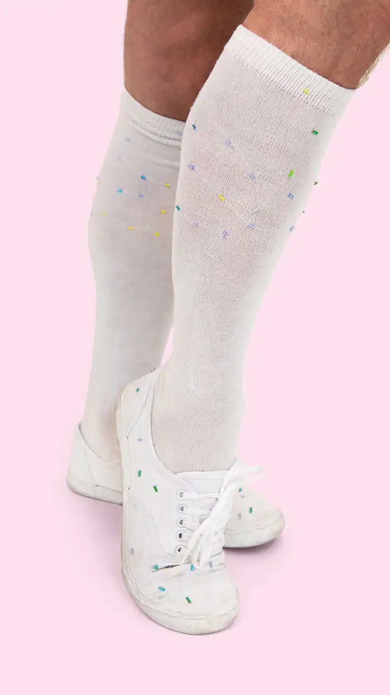 Designs Elijah's Sundae costume, closeup of shoes and knee socks with sprinkle beads.