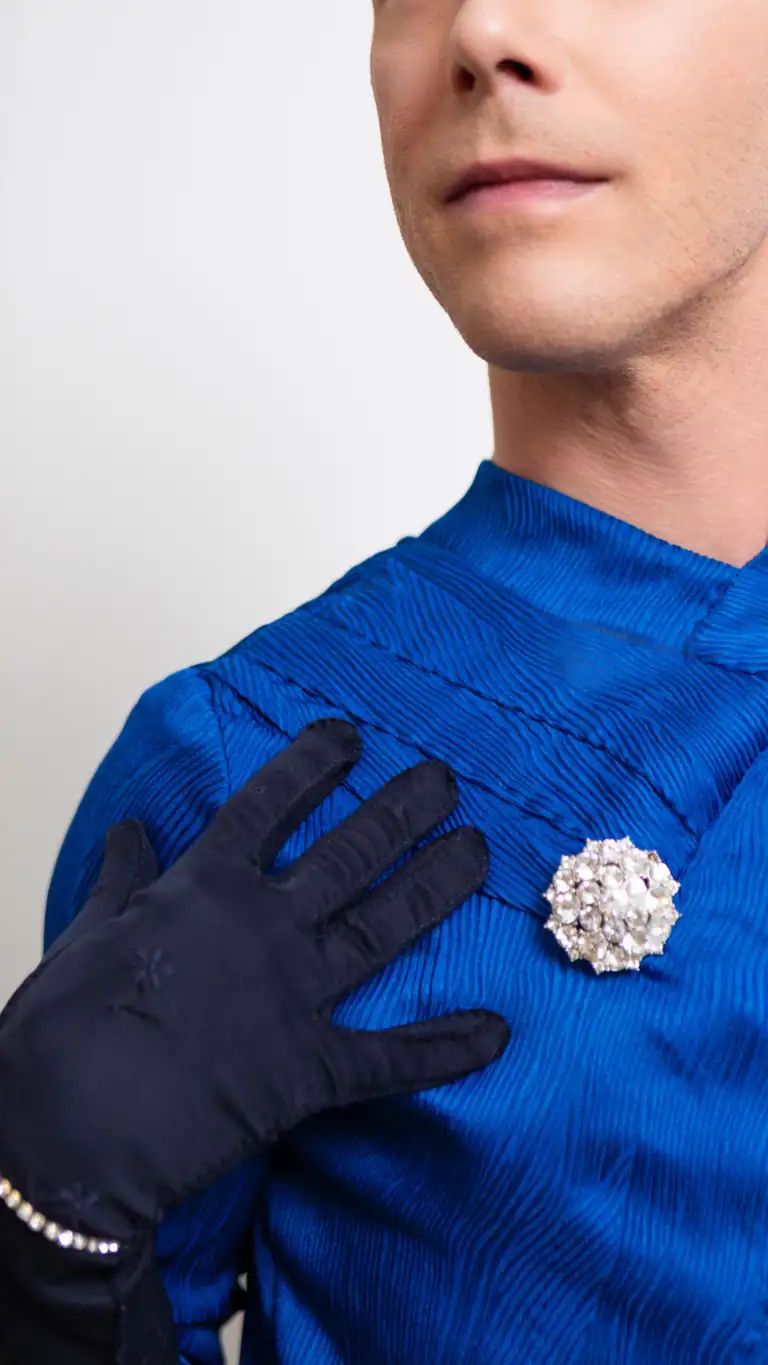 Designs Collar detail with sparkle brooch on Elijah's blue feminine mens fashion.