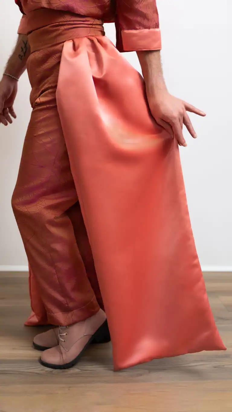 Designs Elijah showing his coral flowing fabric details of his mens suit.